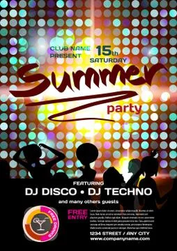 Vector summer party invitation disco style. Night beach, dj, wom Illustrazione stock