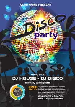 Vector summer party invitation disco style. Night beach, crowd w Stock Illustration
