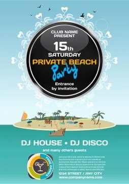 Vector summer party invitation private beach. Day beach, bar, pi Stock Illustration