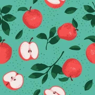 Vector summer pattern with apples and leaves. Seamless texture design. Stock Illustration