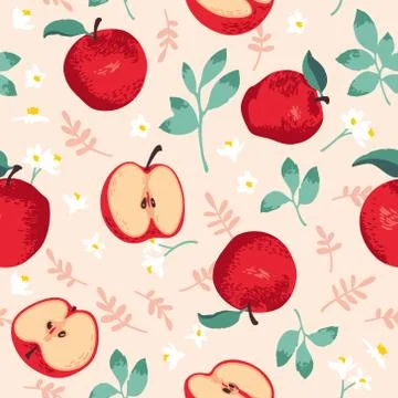 Vector summer pattern with apples, flowers and leaves. Stock Illustration