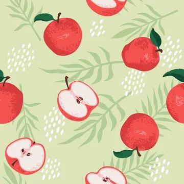 Vector summer pattern with apples, flowers and leaves. Seamless texture Stock Illustration