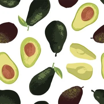 Vector summer pattern with avocado and leaves. Seamless texture design. Stock Illustration