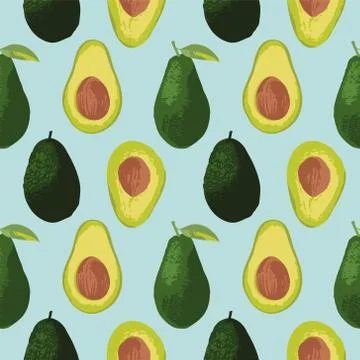Vector summer pattern with avocado and leaves. Seamless texture design. Stock Illustration
