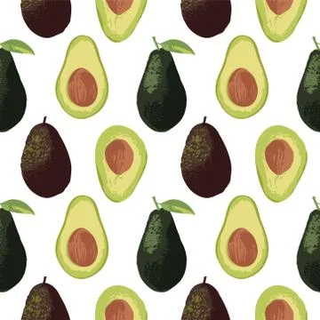 Vector summer pattern with avocado and leaves. Seamless texture design. Stock Illustration