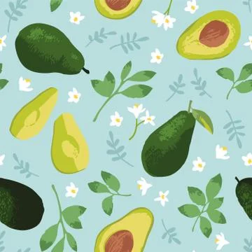 Vector summer pattern with avocado, flowers and leaves. Stock Illustration
