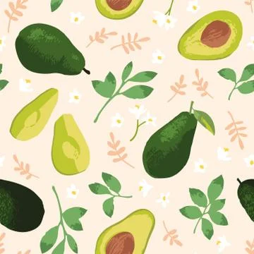 Vector summer pattern with avocado, flowers and leaves. Stock Illustration
