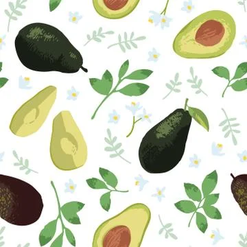 Vector summer pattern with avocado, flowers and leaves. Stock Illustration