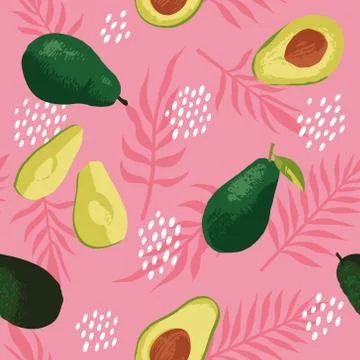 Vector summer pattern with avocado, flowers and leaves. Stock Illustration