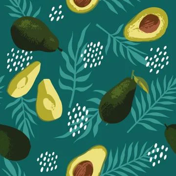 Vector summer pattern with avocado, flowers and leaves. Stock Illustration