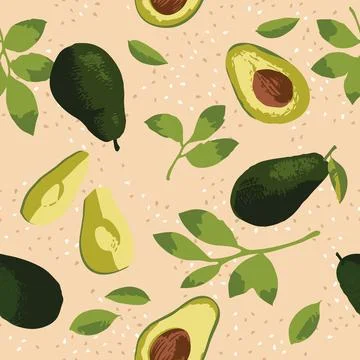 Vector summer pattern with avocado, flowers and leaves. Seamless texture Stock Illustration