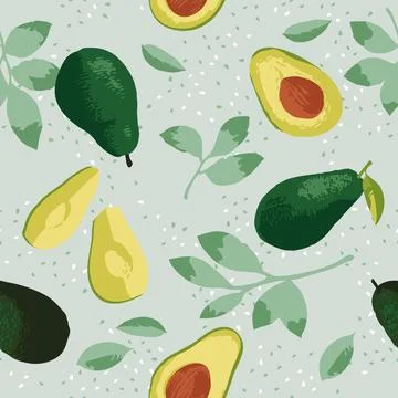 Vector summer pattern with avocado, flowers and leaves. Seamless texture Stock Illustration