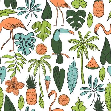 Vector summer pattern  with birds and  tropical plants. Stock Illustration