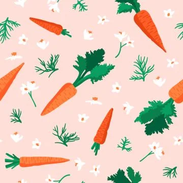 Vector summer pattern with carrots, flowers and leaves. Stock Illustration
