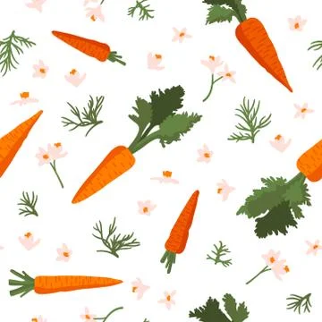 Vector summer pattern with carrots, flowers and leaves. Stock Illustration