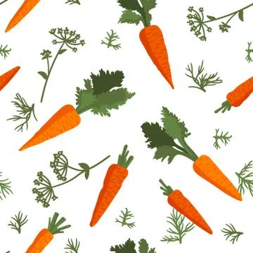 Vector summer pattern with carrots, flowers and leaves. Illustrazione stock