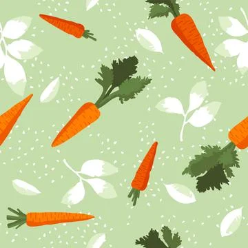 Vector summer pattern with carrots, flowers and leaves. Seamless texture Stock Illustration