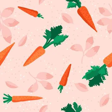 Vector summer pattern with carrots, flowers and leaves. Seamless texture Stock Illustration