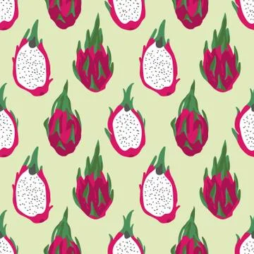 Vector summer pattern with dragon fruit (pitaya), flowers and leaves. Stock Illustration