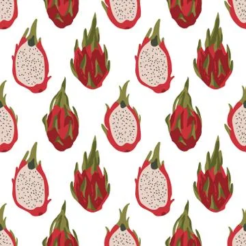 Vector summer pattern with dragon fruit (pitaya), flowers and leaves. Stock Illustration