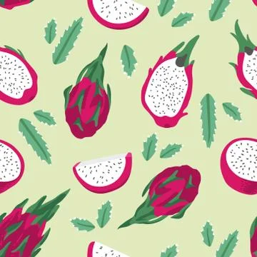 Vector summer pattern with dragon fruit (pitaya), flowers and leaves. Stock Illustration