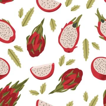 Vector summer pattern with dragon fruit (pitaya), flowers and leaves. Stock Illustration