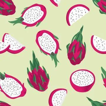 Vector summer pattern with dragon fruit (pitaya), flowers and leaves. Stock Illustration