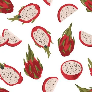 Vector summer pattern with dragon fruit (pitaya), flowers and leaves. Stock Illustration