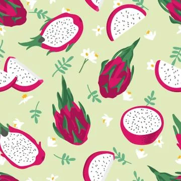 Vector summer pattern with dragon fruit (pitaya), flowers and leaves. Stock Illustration