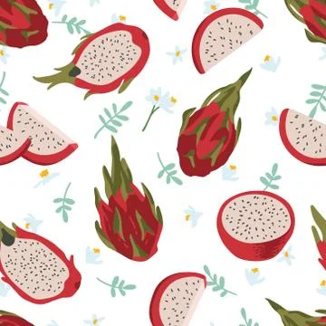Vector summer pattern with dragon fruit (pitaya), flowers and leaves. Stock Illustration