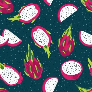 Vector summer pattern with dragon fruit (pitaya), flowers and leaves. Stock Illustration