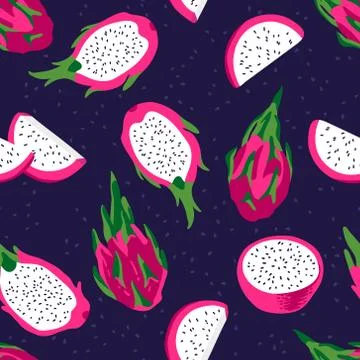 Vector summer pattern with dragon fruit (pitaya), flowers and leaves. Stock Illustration