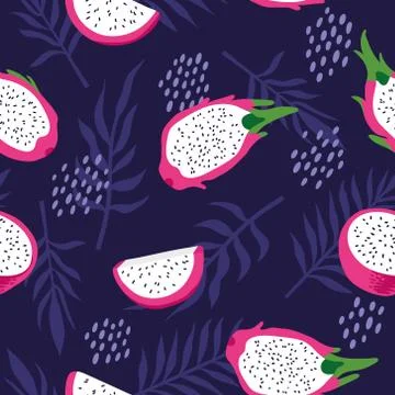 Vector summer pattern with dragon fruit (pitaya), flowers and leaves. Illustrazione stock