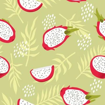 Vector summer pattern with dragon fruit (pitaya), flowers and leaves. Stock Illustration