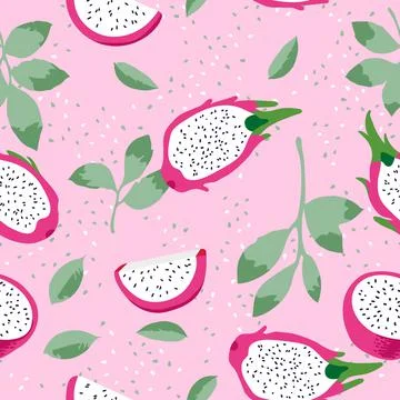 Vector summer pattern with dragon fruit (pitaya), flowers and leaves. Stock Illustration