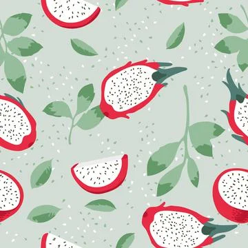 Vector summer pattern with dragon fruit (pitaya), flowers and leaves. Stock Illustration