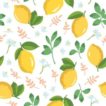 Vector summer pattern with lemons, flowers and leaves. 스톡 일러스트