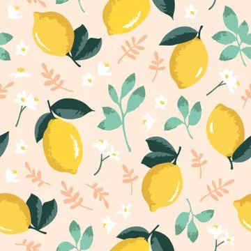 Vector summer pattern with lemons, flowers and leaves. Stock Illustration