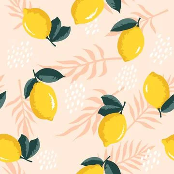 Vector summer pattern with lemons, flowers and leaves. Seamless texture desig Stock Illustration
