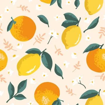 Vector summer pattern with lemons, oranges, flowers and leaves. Stock Illustration