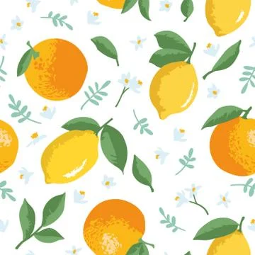 Vector summer pattern with lemons, oranges, flowers and leaves. Stock Illustration