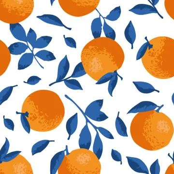 Vector summer pattern with oranges, flowers and leaves. Seamless texture Stock Illustration