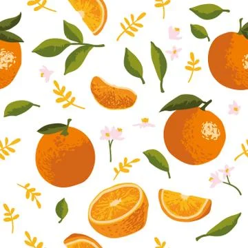 Vector summer pattern with oranges, flowers and leaves. Stock Illustration