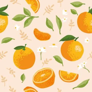 Vector summer pattern with oranges, flowers and leaves. Stock Illustration