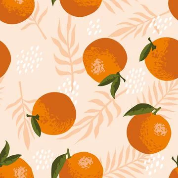 Vector summer pattern with oranges, flowers and leaves. Seamless texture Stock Illustration