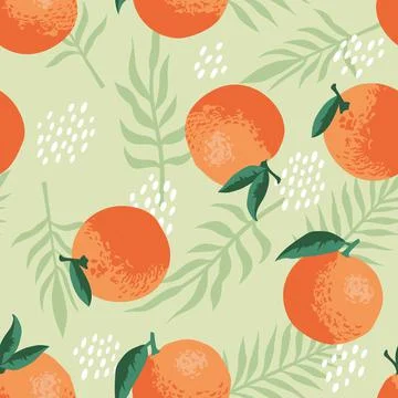 Vector summer pattern with oranges, flowers and leaves. Seamless texture design. Stock Illustration