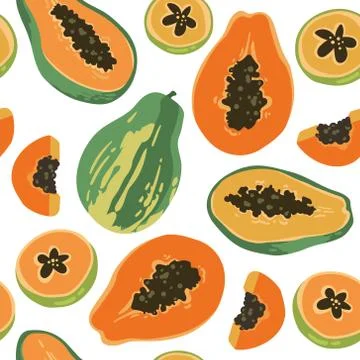 Vector summer pattern with papaya. Seamless texture design. Stock Illustration