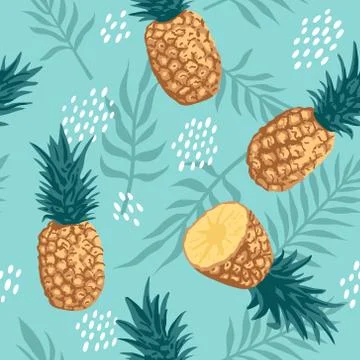 Vector summer pattern with pineapples and tropical leaves. Seamless texture Stock Illustration