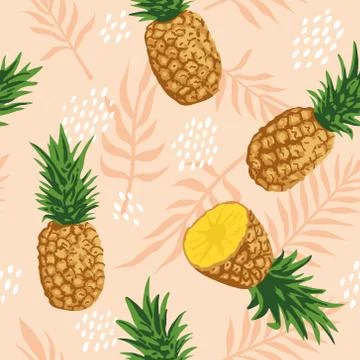 Vector summer pattern with pineapples and tropical leaves. Seamless texture Stock Illustration