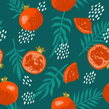 Vector summer pattern with pomegranates, flowers and leaves. Seamless texture Stock Illustration